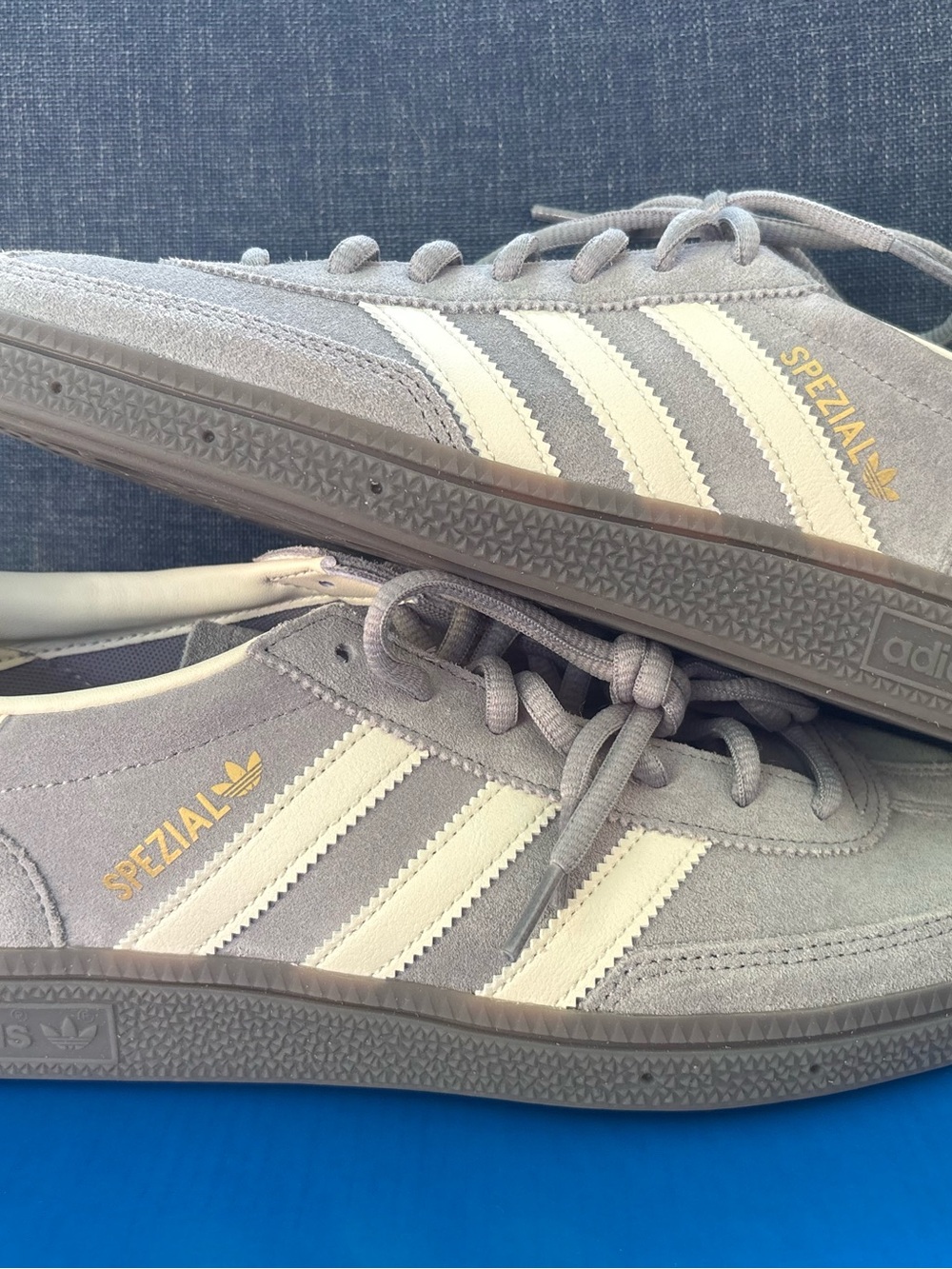 adidas Spezial Gray Suede Sneakers with Cream Stripes men’s 9.5, women’s 10.5